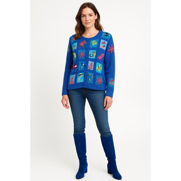 VTG Michael Simon y2k Ocean Aquarium Wearable Art Cardigan Sweater 2X Blue Fish - Picture 1 of 13